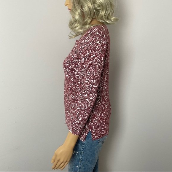 Loft Cotton Sweater Fern Print Crewneck Button Back Burgundy/Cream Size Small - Picture 5 of 12
